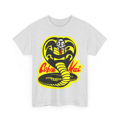Front view of the heather grey Cobra Kai Graffiti Graphic Unisex T-Shirt showcasing the striking Cobra Kai logo, perfect for casual wear.