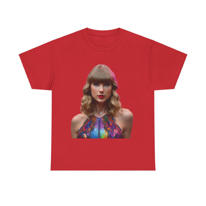 Luxurious Swifties Psychedelic Taylor Swift Heavy Cotton Tee in red featuring a striking psychedelic illustration of Taylor Swift, perfect for true fans.