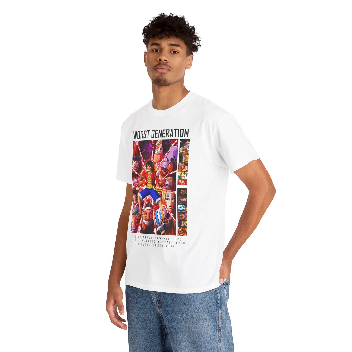 Man showcasing a luxury white T-shirt with a vibrant 'Worst Generation' print, exuding style and character.