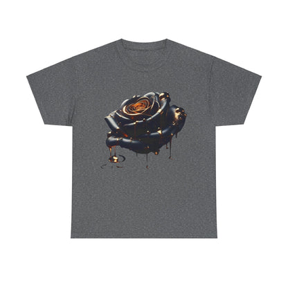 Close-Up Abstract Rose Unisex Cotton Tee displaying an intricate melted rose artwork with elegant copper details on a deep grey shirt, epitomising luxury and creativity.