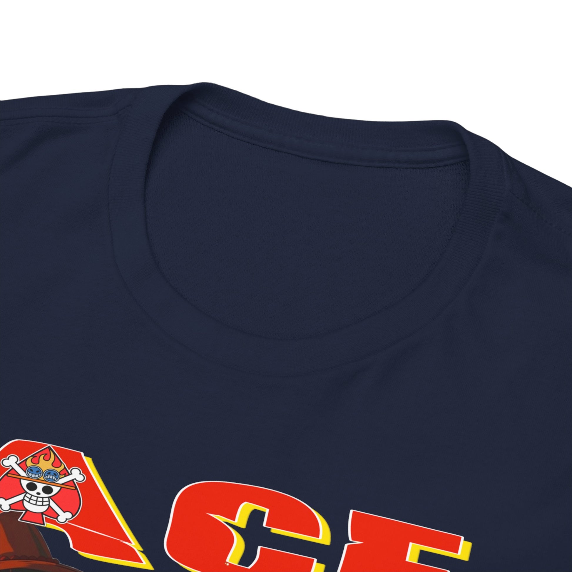 Close-up view of the neckline of a luxury navy blue t-shirt, highlighting the intricate design details and high-quality fabric texture.