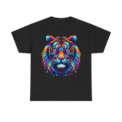 Tiger's Whimsy Graphic Tee - Unisex T-shirt showcasing a stunning kaleidoscopic tiger design in bright hues on a sleek black backdrop, perfect for a touch of artistic luxury.