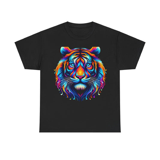 Tiger's Whimsy Graphic Tee - Unisex T-shirt showcasing a stunning kaleidoscopic tiger design in bright hues on a sleek black backdrop, perfect for a touch of artistic luxury.