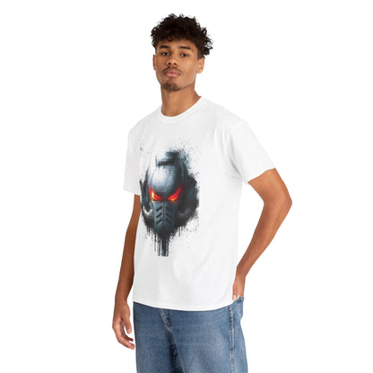 Fashion-forward graphic t-shirt worn by a model, showcasing a detailed helmet design with luminous red eyes and artistic splashes of grey and black, a perfect blend of sophisticated style and adventurous spirit.