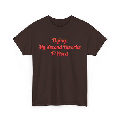 Front view of the luxurious 'My Second Favorite F Word' Graphic T-Shirt featuring bold red lettering on a brown fabric, perfect for making a statement.