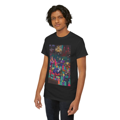 A fashionable unisex black tee adorned with a colourful illustration inspired by 'Squid Game'. The model highlights the distinctive artwork, aligning with contemporary urban aesthetics, suitable for a chic casual look.