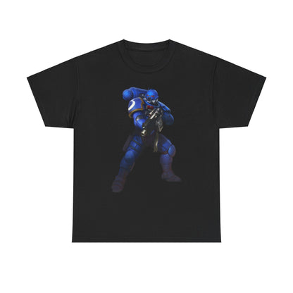 Stylish graphic tee in black showcasing a striking depiction of a blue-armoured figure holding a weapon, ideal for casual wear and fan culture.