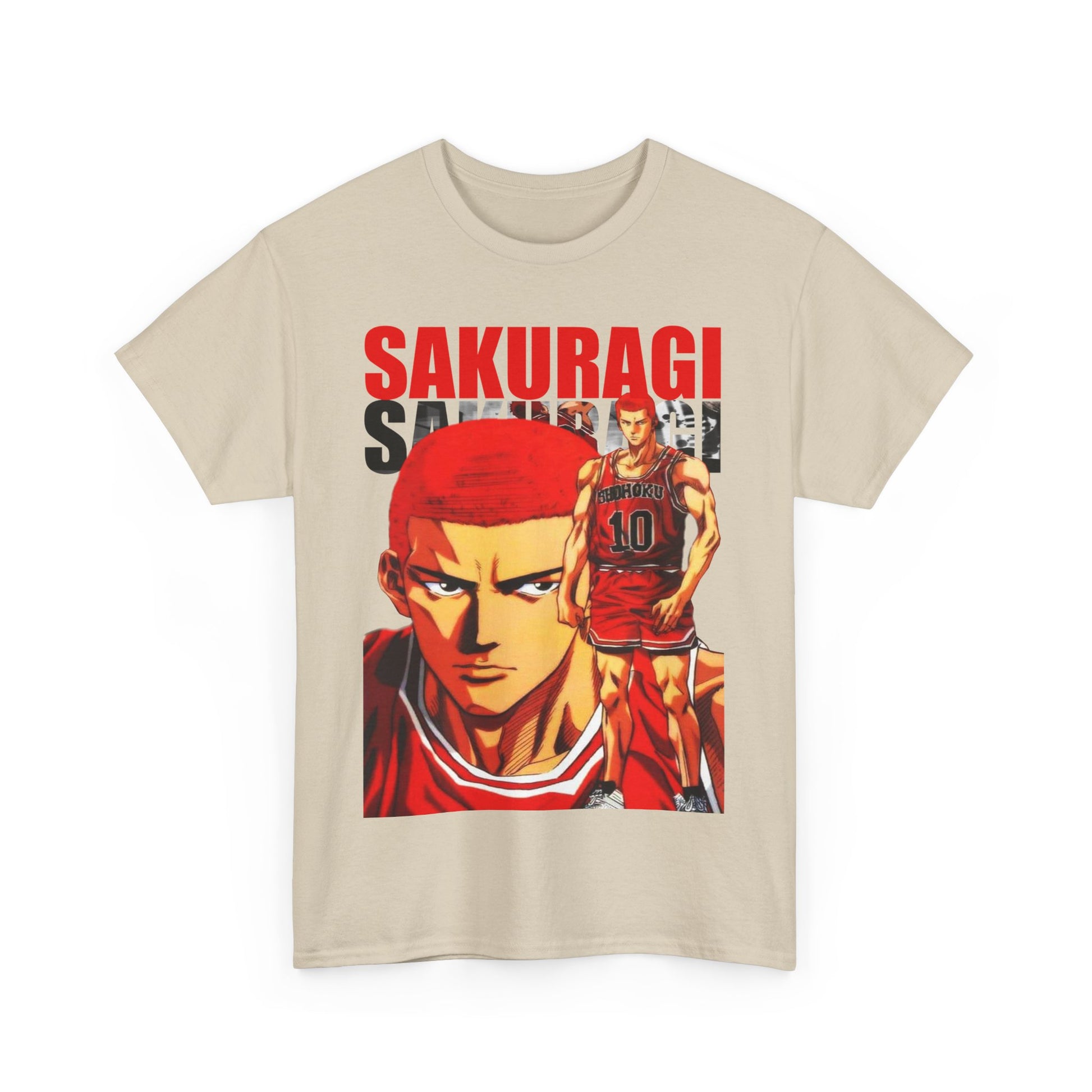 Artistic display of the Sakuragi t-shirt folded elegantly, highlighting the vibrant colours and intricate details associated with the Slam Dunk series.
