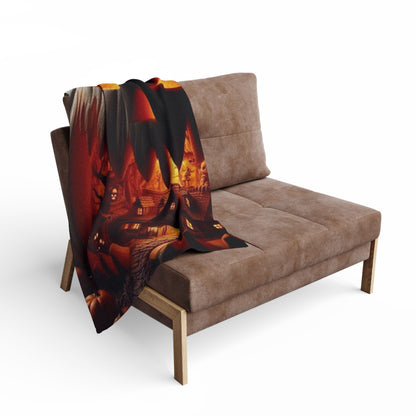 Decorative and Warm Halloween Spooky Arctic Fleece Blanket draped over a stylish armchair, showcasing its vibrant Halloween design that enhances the atmosphere of your living space.