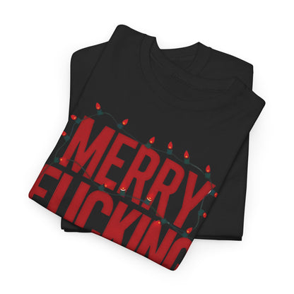 Merry Christmas Graphic T-Shirt Urban Unisex Cotton Tee in black stacked neatly, showcasing the phrase 'MERRY FUCKING CHRISTMAS' embellished with colourful Christmas lights.