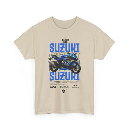 Luxurious beige men's t-shirt featuring a striking Suzuki GSX-R1000 graphic and bold typography, perfect for motorcycle enthusiasts. A stylish blend of comfort and style.