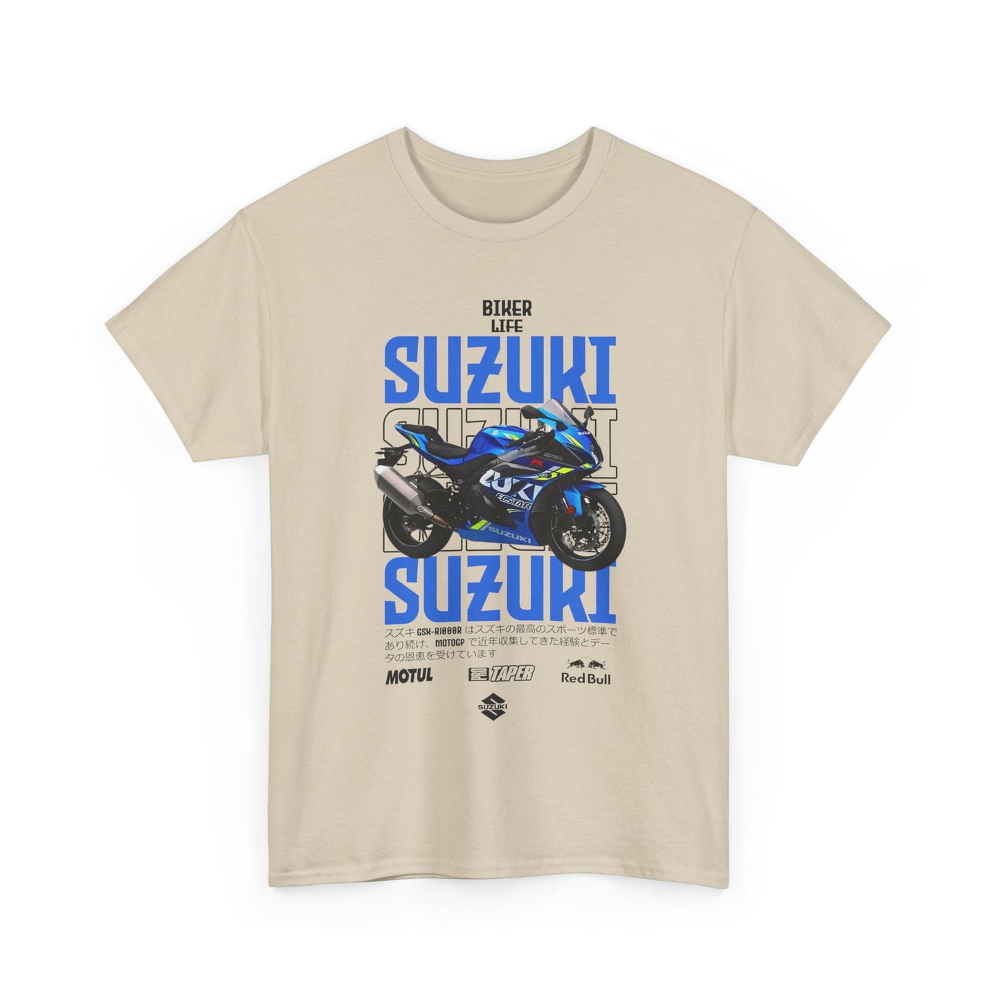 Stylish beige men's t-shirt featuring the iconic Suzuki GSX-R1000 motorcycle graphic and bold 'BIKER LIFE' typography.