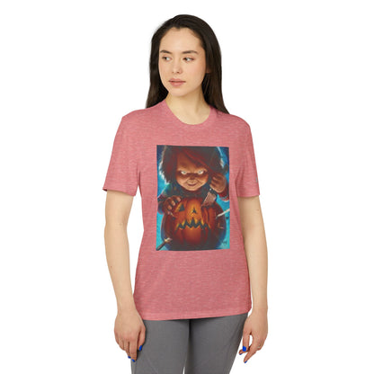 Adidas Unisex Halloween Chucky Cute T-shirt in heathered pink with a charming graphic of Chucky, perfect for a fashionable Halloween statement.