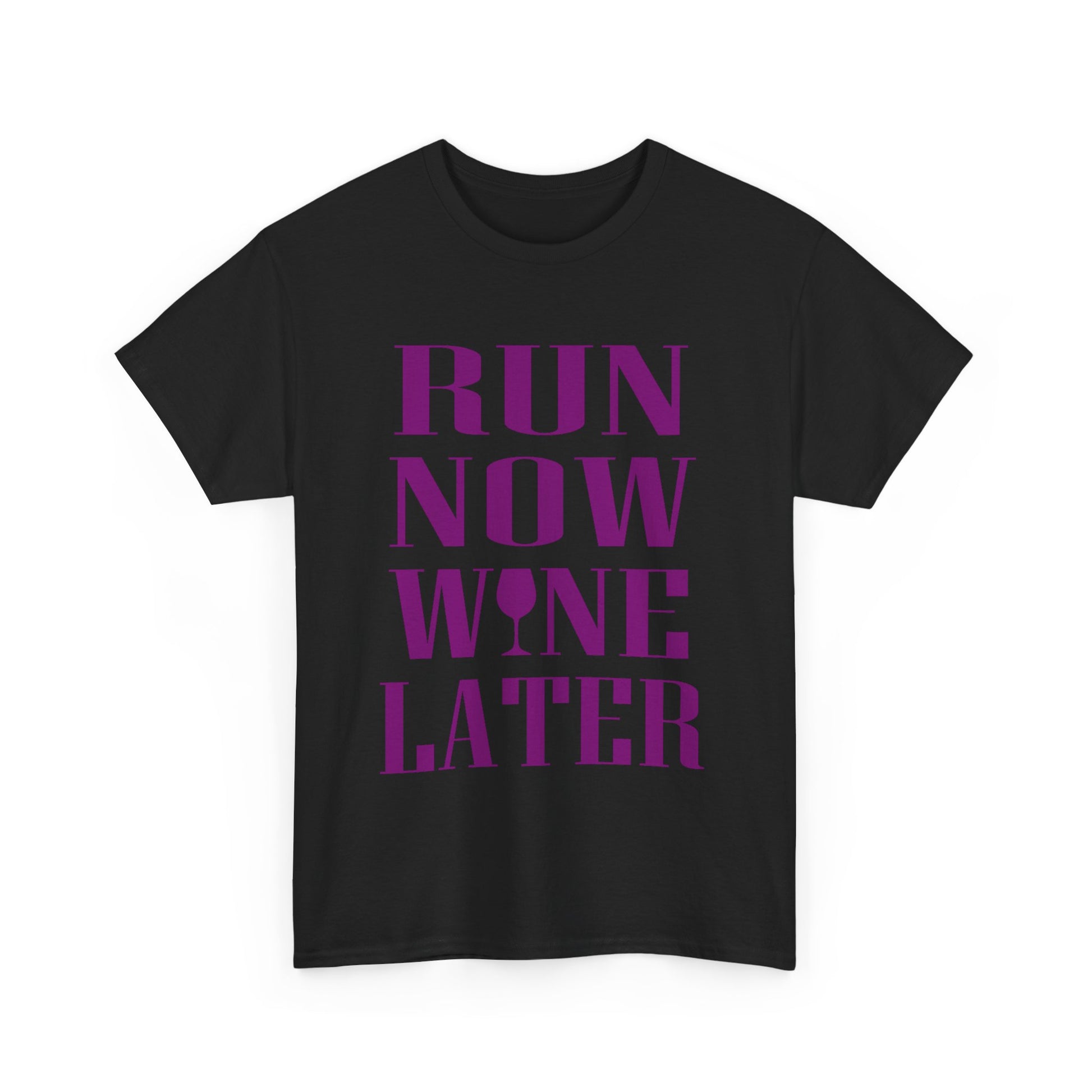 Trendy black women's t-shirt adorned with the motivational phrase 'RUN NOW WINE LATER' in striking purple font alongside a wine glass illustration, a perfect statement piece for active lifestyles.