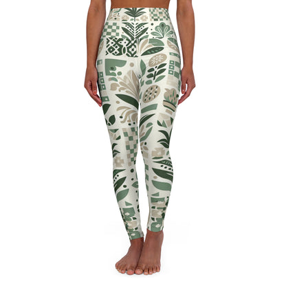 Evelyn Atelier High-Waisted Yoga Leggings by Dazzling Dreams Studio featuring artistic checkerboard design on a pale green and white background.