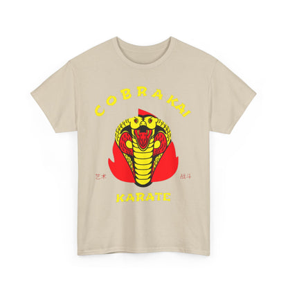 Stylish unisex Cobra Kai T-shirt showcasing a striking cobra logo and bright lettering, perfect for fans of martial arts humour.