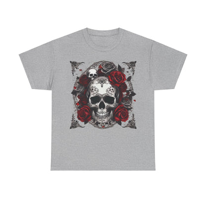 Detailed view of the Skulls and Roses Cotton Tee in grey, highlighting the beautiful steampunk skull and red roses graphic design, perfect for alternative fashion enthusiasts.