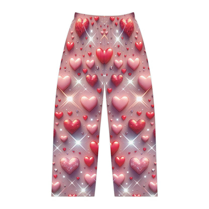 Elegant Women's Glittering Hearts Pajama Pants featuring a vibrant heart design, perfect for luxurious lounging and comfort.