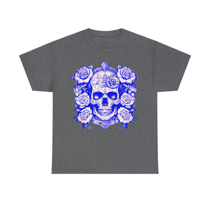 Close-up of the Skulls and Roses Cotton Tee in dark grey, featuring a stunning blue rose and skull design, ideal for making a bold fashion statement.