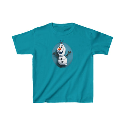 Kids Cute Frozen Olaf T-shirt in striking turquoise showcasing the beloved character Olaf, crafted from heavy cotton to ensure lasting comfort and style for children.