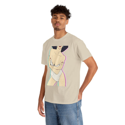 Fashionable model wearing a unisex graphic tee featuring an alluring pin-up design, combining playful charm and stylish comfort for a modern look.