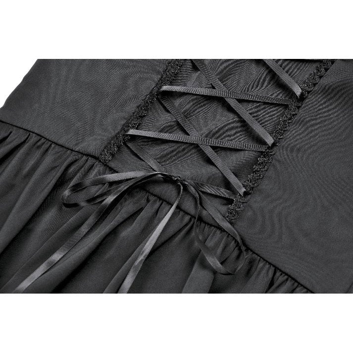 Elegant Dark in Love Belladonna Black Goth Dress featuring a high lace collar and dramatic puff sleeves, embodying dark romanticism.