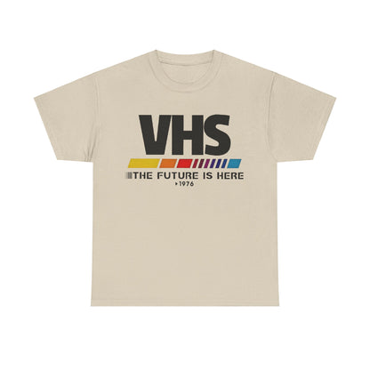 VHS Retro Logo Graphic Tee for Unisex in a soft beige fabric, featuring the iconic VHS logo and nostalgic design, perfect for elevating your casual style.