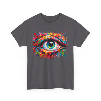 Elegant unisex t-shirt featuring a vibrant design of a stylized eye surrounded by colorful splashes and drips of paint.