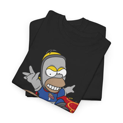 Elegant T-shirt design with Homer Simpson riding on a pie, highlighting a fun and quirky aesthetic for The Simpsons enthusiasts. Unisex style for all.