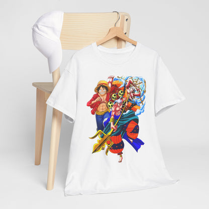 Stylish men's t-shirt elegantly displayed on a wooden hanger, featuring striking anime designs that celebrate adventure and camaraderie.