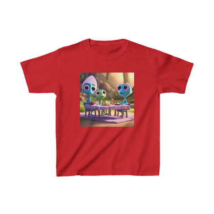 Kids Cute Aliens Heavy Cotton Tee in vibrant red with playful alien characters, perfect for stylish young explorers.