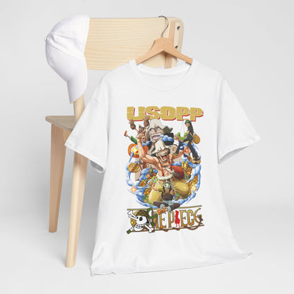 One Piece USOPP t-shirt draped on a stylish chair, showcasing exquisite anime design and luxurious wearability, ideal for collectors.