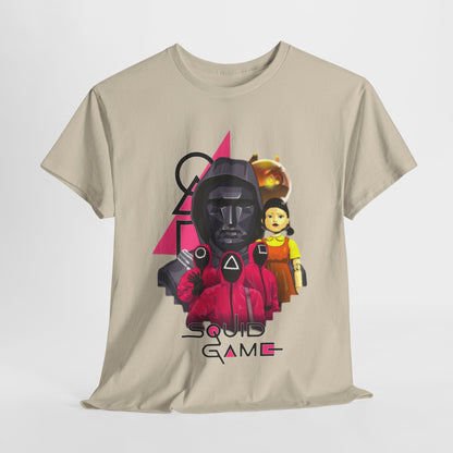 Luxury Squid Game inspired unisex T-shirt featuring iconic characters and a striking design on a soft beige background, perfect for stylish fans of the Netflix series.