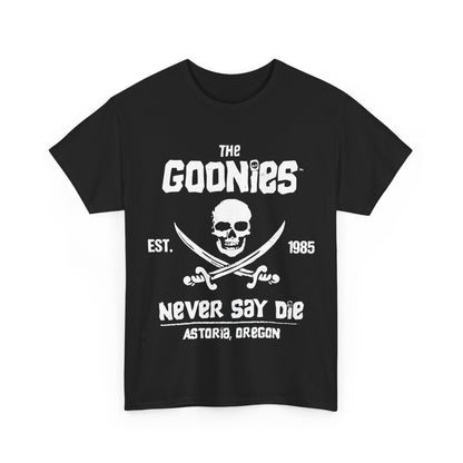 The Goonies Graphic T-Shirt in black, featuring detailed skull and swords design, accompanied by 'NEVER SAY DIE' message and 'ASTORIA, OREGON' for a luxurious nod to classic film culture.