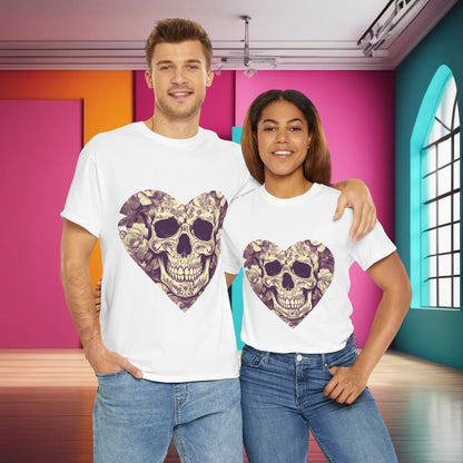 Skulls and Roses Cotton Tee, a luxurious unisex graphic shirt displayed on a couple, showcasing a steampunk skull and rose design in a heart shape, ideal for alternative fashion lovers.