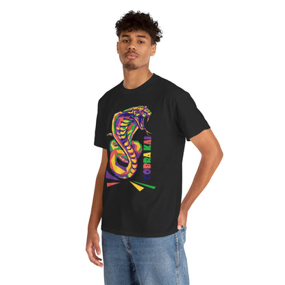 Fashionable model donning a Cobra Kai graphic T-shirt, featuring an eye-catching snake motif, making a bold statement in contemporary streetwear style.
