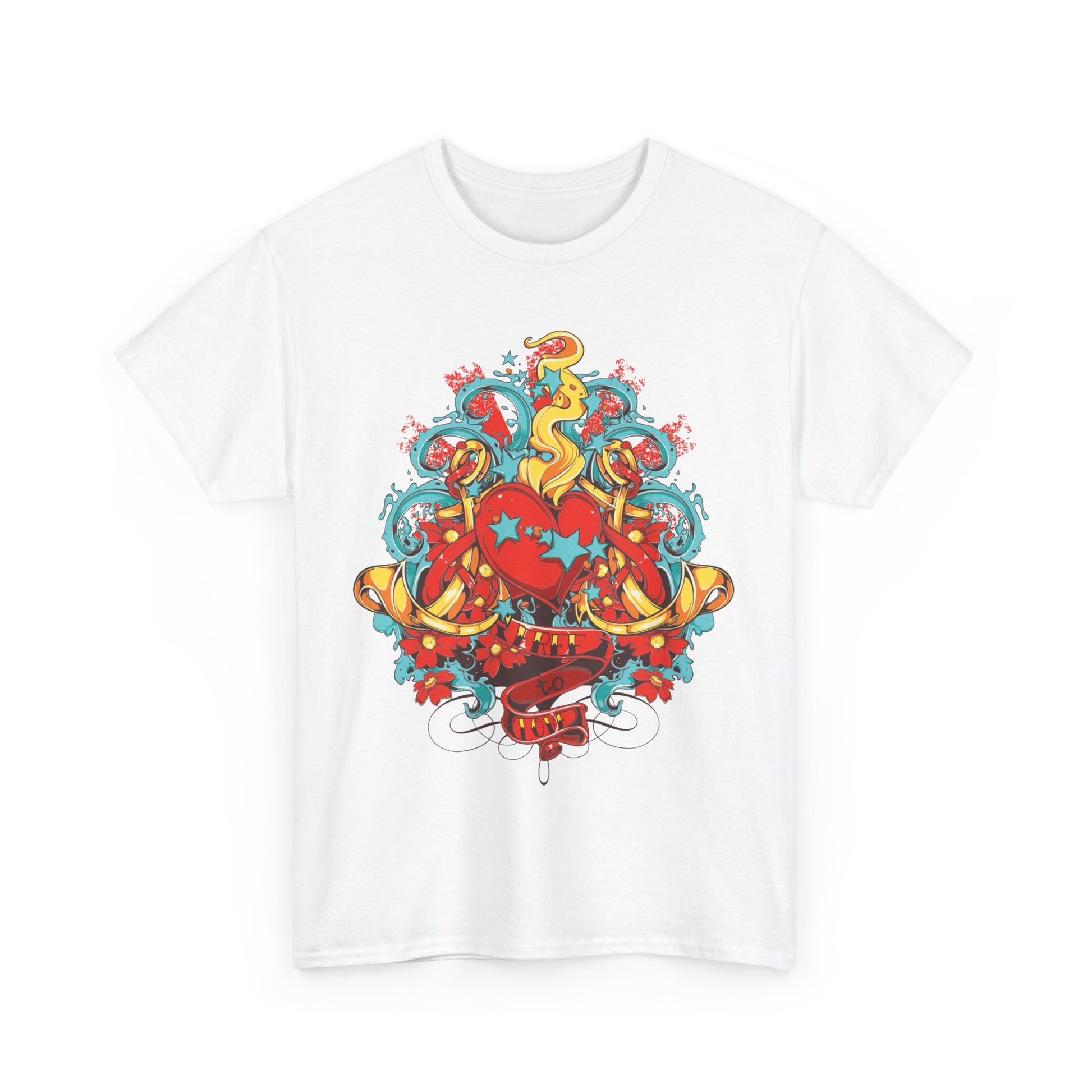 Stylish white men’s t-shirt adorned with a striking heart motif and playful colours, an exquisite addition to any wardrobe.