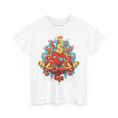 Stylish white men’s t-shirt adorned with a striking heart motif and playful colours, an exquisite addition to any wardrobe.