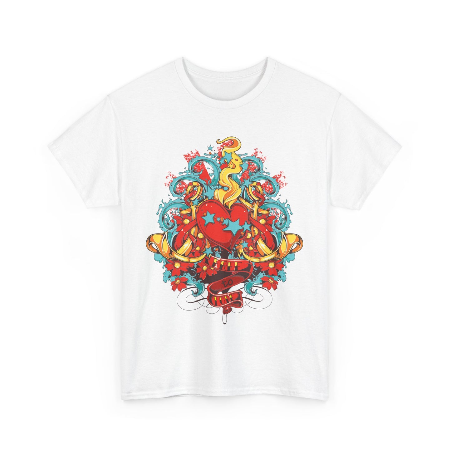 Chic white men’s t-shirt adorned with a decorative heart design and artistic motifs, perfect for elevating casual ensembles.