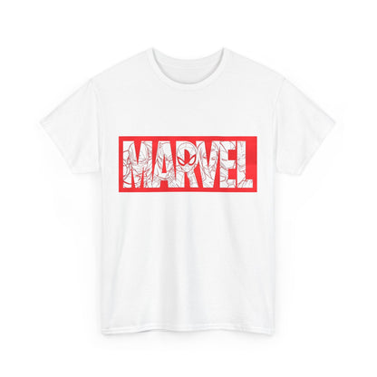 Front view of the white 'MARVEL' graphic tee, adorned with vibrant lettering and superhero outlines, an exquisite choice for any Marvel aficionado.
