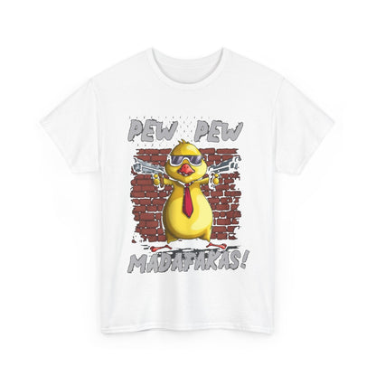 Elegant white t-shirt showcasing a stylish cartoon chicken in sunglasses and a red tie, emblazoned with the text 'PEW PEW MADAFAKAS', perfect for statement fashion.