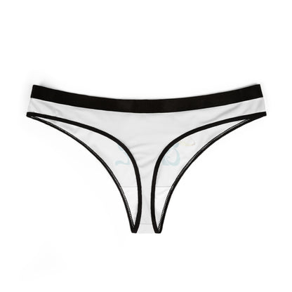 Elegant white thong panties with contrasting black edges, showcasing a minimalistic design, ideal for luxurious comfort.