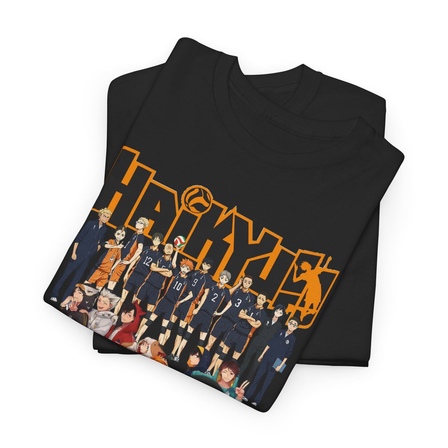 Two exquisite black Haikyuu!! All-Stars T-Shirts stacked together, showcasing a stunning graphic of volleyball characters embodying elegance and fandom.