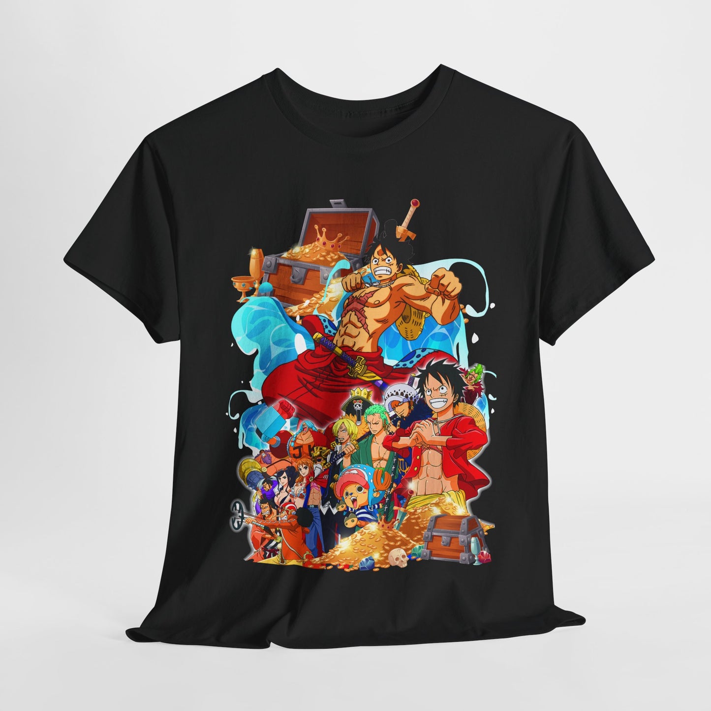Luxury men's t-shirt featuring a vibrant anime-inspired design showcasing iconic characters amidst treasure and adventure, perfect for anime enthusiasts.