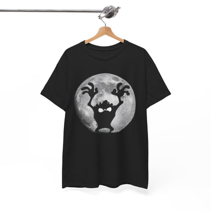 Stylishly draped black t-shirt presenting the Taz Tasmanian Devil silhouette harmoniously combined with a striking full moon, ideal for a standout fashion statement.