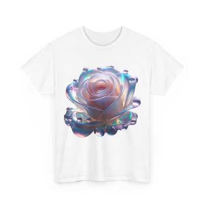 The Ethereal Rose Tee Unisex Cotton Graphic T-Shirt in white, featuring an eye-catching, stylized iridescent rose design with glossy droplets, exuding sophistication.