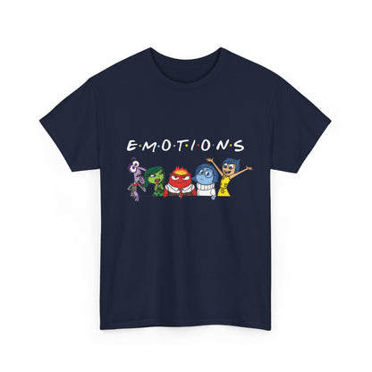 Chic navy tee shirt adorned with vibrant characters representing emotions, part of the 'Inside Out Friends Humorous Graphic Tee Shirt' series.