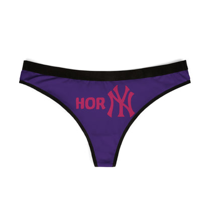 Elegant women's thong panties in purple, showcasing the bold 'Horny' graphic design alongside the iconic New York Yankees motif, designed for confident self-expression.
