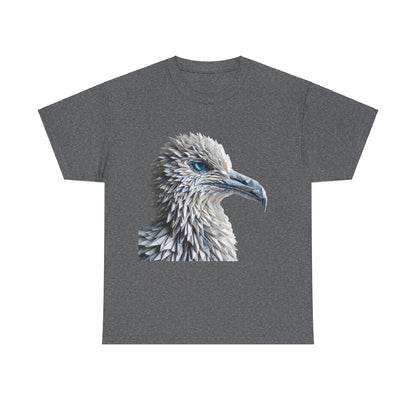 Sculpted Elegance Unisex Cotton Tee featuring intricate origami bird design in dark grey, depicting a beautifully designed bird's head with striking blue accents.