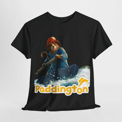 Paddington Bear in Peru Graphic Unisex T-Shirt – Premium Adventure Art Tee featuring Paddington navigating enchanted waters in a blue coat and iconic hat, with bold typography on a black backdrop.